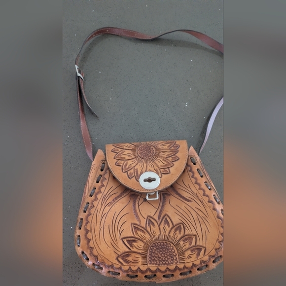 Vintage Leather Handbags - Sunflower Embossed Tan Leather Crossbody Bag Unique Personalized Leather Bag